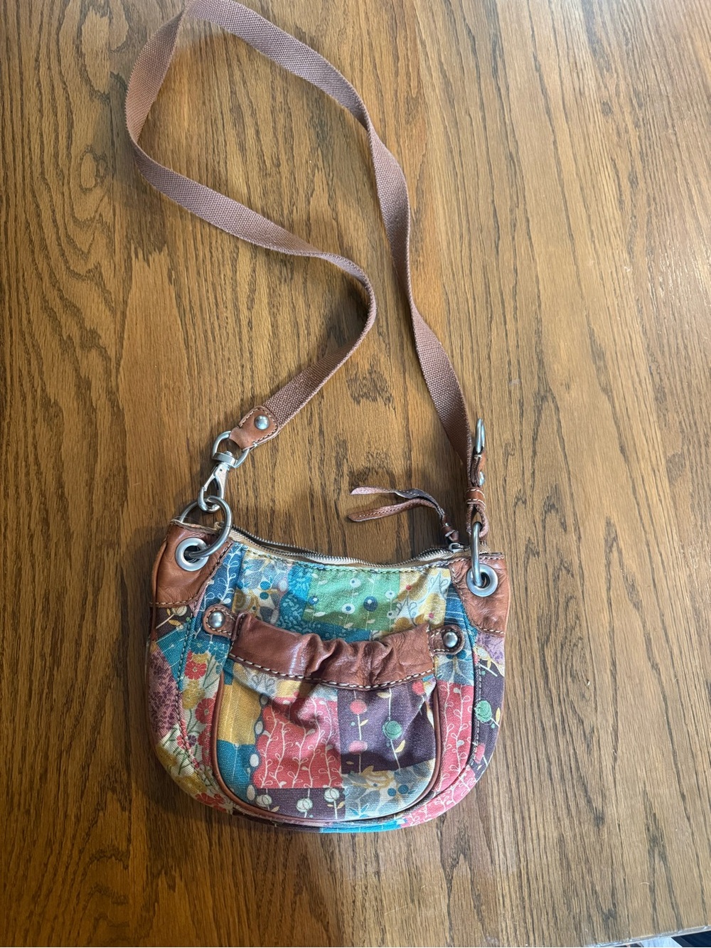 Fossil Multicolor Patchwork Floral Crossbody with Brown Trim